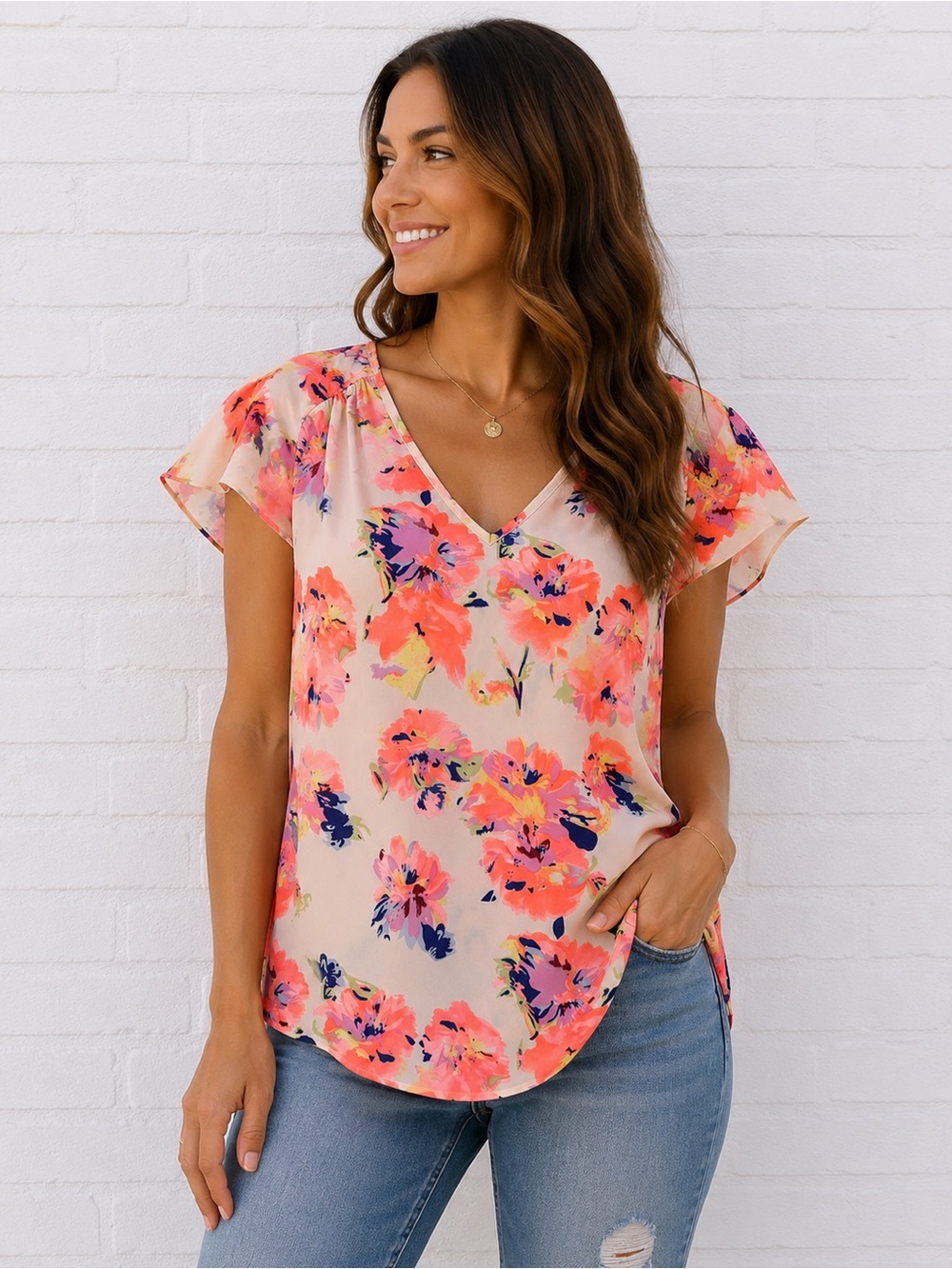 Anthropologie Japna Neon Coral Floral Flutter Sleeve Blouse Small